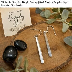 Minimalist Silver Bar Dangle Earrings Modern Drop Hook Everyday Jewelry